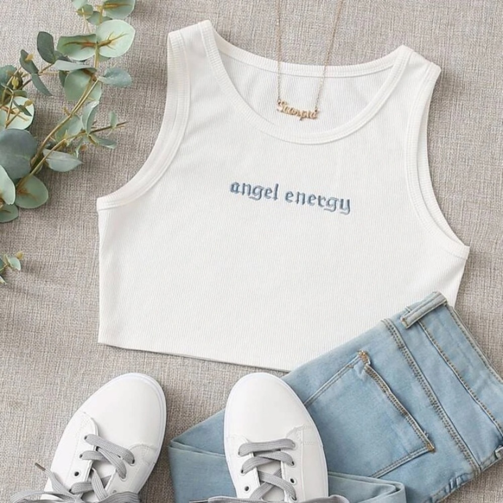 Letter Embroidery Rib-knit Tank Top